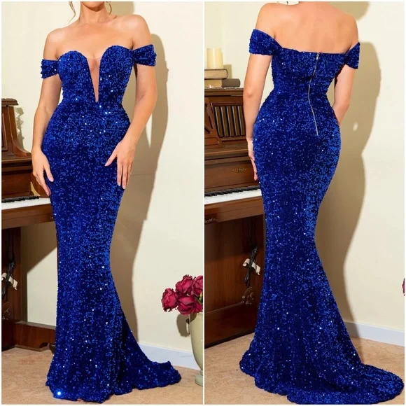 Luxurious Off Shoulder Sequin Evening Formal Wedding Dress - Picture 4 of 6